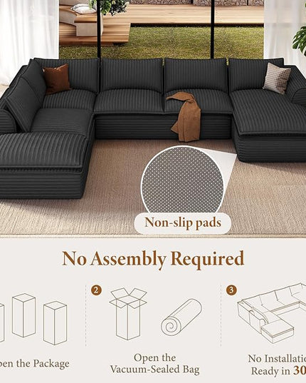 Vesgantti 141.7" Oversized Sectional Boneless Couch, Modern 7 Seater Modular Sofa with Chaise & Ottoman, Deep Seat Plush Corduroy Cloud Couches for Living Room, No Assembly Required, Dark Gray