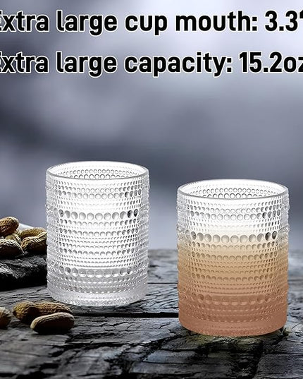 Set of 4 Hobnail Drinking Glasses,15.2 Oz Romantic Water Glasses, Clear Embossed Design Vintage Glassware, Cocktail Glasses, Beaded Drinking Glasses for Water, Beer, Juice(15oz+4")