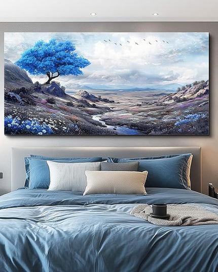 XIGUANGART Canvas Wall Art for Living Room Blue Flowers Tree of Life Art Prints Painting Landscape Nature Picture Modern Artwork Wall Decor for Bedroom Kitchen Home Office Mural Posters Gift 30"X60"