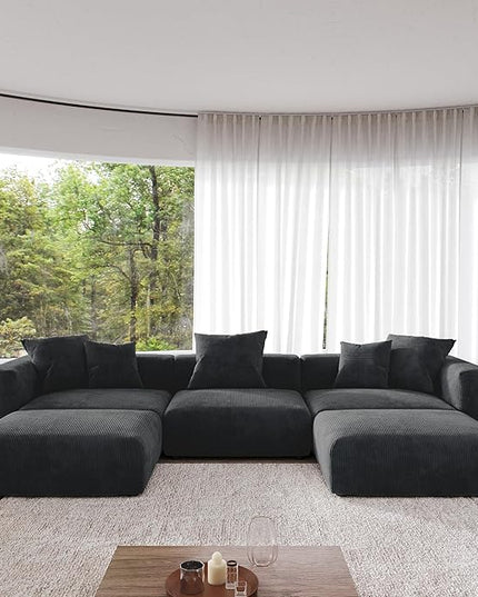 JACH 141" Oversized Modular Sectional Sofa, Deep 3-Seats Sectional Couch with Chaise Ottomans, Huge Plus Convertible Soft Sofas, Corduroy Minimalist Couches for Living Room, Apartment, Black