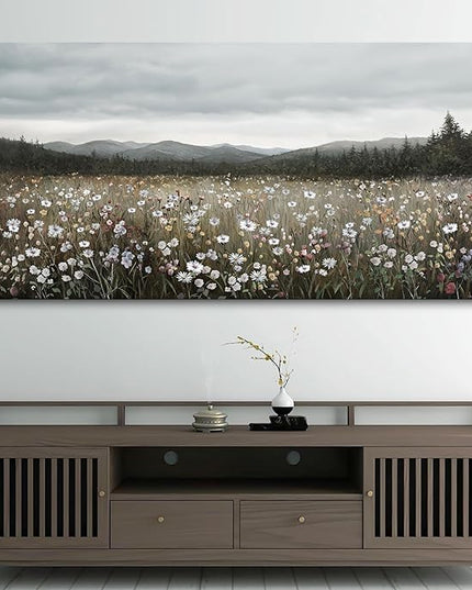 HGUAOA Vintage Landscape Wall Art for Bedroom and Living Room - Large Floral Artworks Farmhouse Wall Decor - Framed Neutral Nature Pictures - Above Bed Wall Decor with Mountain Scenery 29×58IN