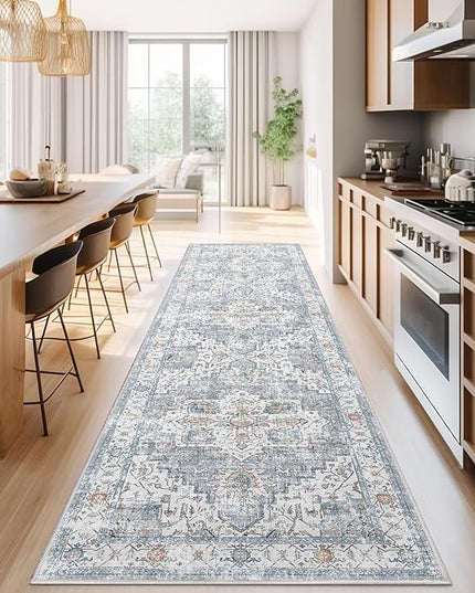 jinchan Runner Rug 3x7 for Hallway - Kitchen Machine Washable Vintage Floral Non-Slip with Rubber Backing Ultra-Thin Low-Pile Carpet Runner for Bedroom Laundry Room (3x7ft, Grey/Blue)