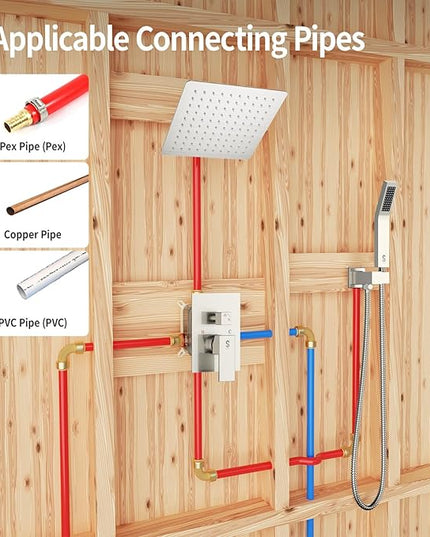 SR SUN RISE Shower Faucet Set - Shower Valve with 8 Inch Rainfall Shower Head and Handheld Shower - Wall Mounted Shower System with Rough In Valve and Shower Faucet Trim Repair Kits - Brushed Nickel