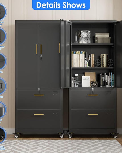 METAN Metal File Cabinet with 2 Drawers and 2 Shelves,Office Filing Cabinet on Wheels with Lock,Office Storage for Letter/Legal Size,Assembly Required,Black