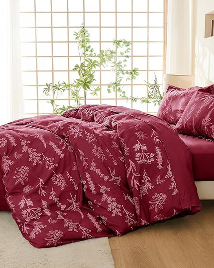 MUXHOMO Burgundy Bed in a Bag Queen 7 Pieces, Queen Comforter Set Reversible Botanical Flowers Design, Ultra Soft & Breathable Bedding Sets with Comforter, Sheets, Pillowcases & Shams