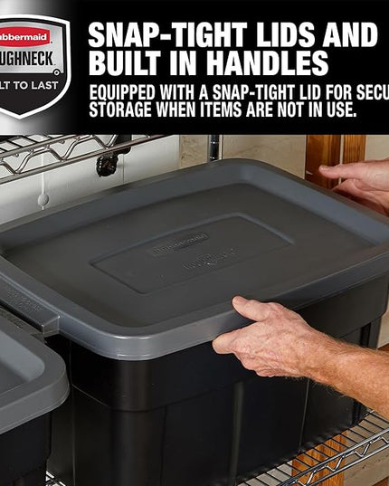 Rubbermaid Heavy Duty Black Storage Bins Plastic Totes with Lids for Storage, Stackable, Large Capacity, Durable, Multipurpose, 14 GAL, 6 Pack (14 GAL - 6 Pack Solid Black and Grey)