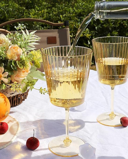 24 PCS Gold Ribbed Plastic Wine Glasses 13.5 OZ Ribbed Wine Glasses Detachable Wine Glass Elegant Fluted Glassware Vintage Style for Wedding Anniversary Birthday Dinner Parties