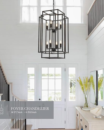 8-Light Lantern Tiered Pendant Light Fixtures, Black Metal Farmhouse Chandelier Hall Foyer Hanging Chandelier for Kitchen Island Dining Room Living Room Foyer Entryway, Black
