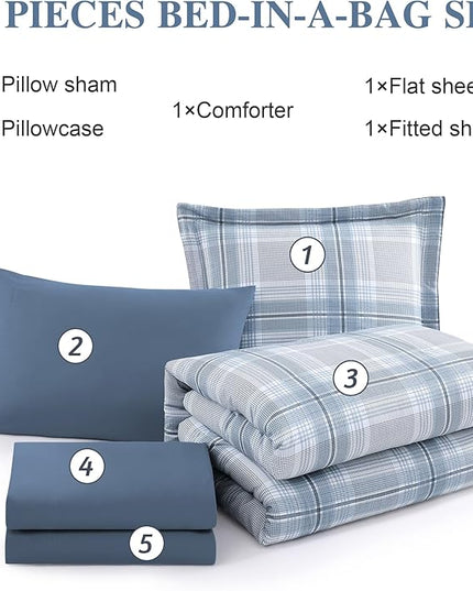 MaiRêve Plaid Twin XL Comforter Set, Light Blue Grid Bedding Set for Boys & Girls, Classic Checkered Bed in A Bag Comforter Sets with Fitted & Flat Sheet, Pillowcase & Sham(Light Blue, 66"x90")