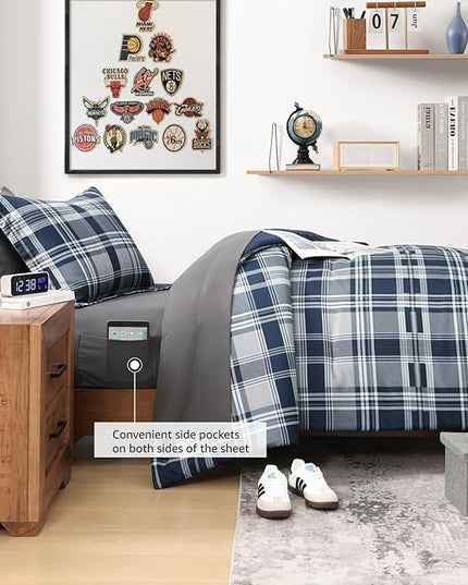 MaiRêve Navy Blue Twin XL Comforter Set, Twin XL Bedding Sets for Boys Girls 5 Pieces for Dorm Farmhouse All Season Lightweight &Comfy with Fitted Sheet, Flat Sheet (Navy Blue, Twin XL, 66"x90")