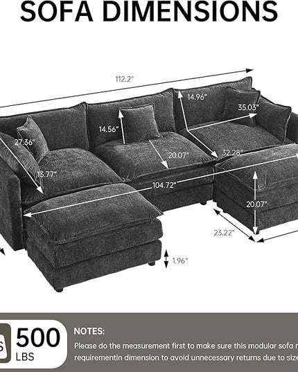 Modular Sectional Sofa, 112.2 Inch U Shaped Couch Set with Armrests, 3-Seater Comfy Cloud Couches with Movable Ottoman for Living Room Apartment, Grey