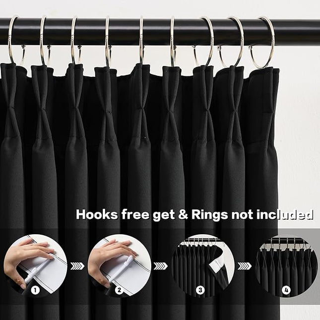 KEQIAOSUOCAI Black Curtains Blackout 108 Inches Long, Luxury Faux Silk Polyester Pinch Pleated Thermal Insulated Black Out Curtains with Hooks for Living Room Bedroom Home Office 40x108
