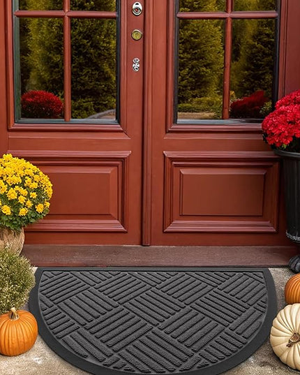 Smiry Half Circle Front Door Mat Outside Entrance, Heavy Duty Outdoor Indoor Natural Rubber Doormat, Non Slip, Trap Dirt and Moisture, Easy Clean, Low Profile Patio Porch Entryway Mat, 29.5x17, Grey