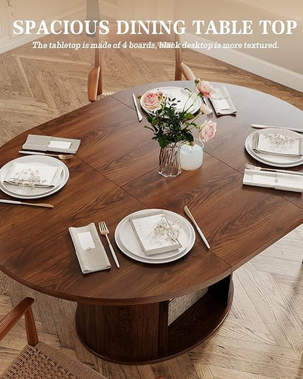 Oval Extendable Dining Table with Storage,59" Storage Kitchen Table for 4-8 People with Curved Sliding Door Fluted Wood Coffee Table Thickened Tabletop for Dining Room/Kitchen,Brown