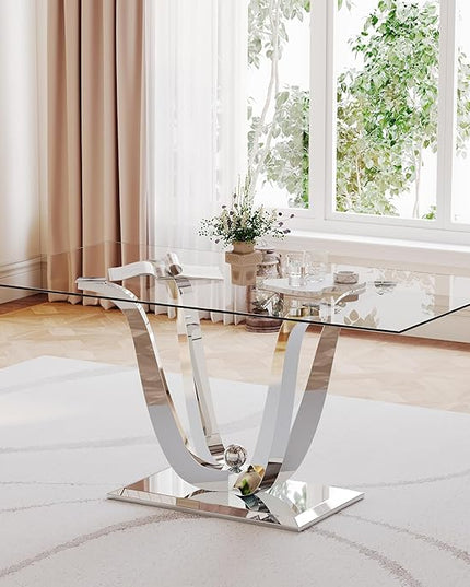 HomVent 70'' Glass Dining Table Set for 6, Modern Rectangle Glass Kitchen Table Set for 6, Kitchen Table and Chairs Set for 6 for Living Room,Kitchen