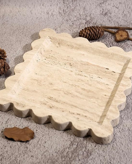 Natural 100% Marble Vanity Tray Luxury Scalloped Marble Tray, Travertine Tray for Home Decor Bathroom Kitchen Candle Key (Square-9.8 * 9.8-Beige Travertine)