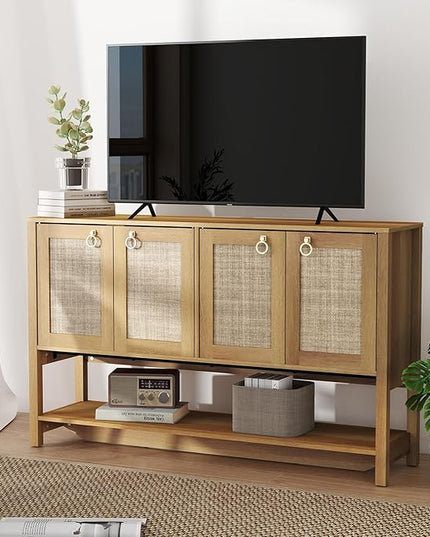 Rattan Entryway Cabinet with Storage,55“ Boho Credenza Storage Cabinet with 4 Doors and Adjustable Shelf, Wood Coffee Bar Console Cabinet Buffet Table for Kitchen, Dinning Room, Sideboard Buffet