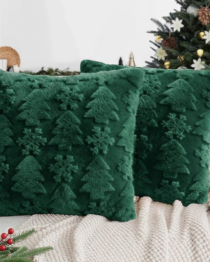 Touchat Christmas Pillow Covers 18x18, Soft Faux Rabbit Fur Throw Pillow Covers with 3D Embroidery Christmas Tree and Snowflake Design for Winter Holiday Home Decor, Couch Sofa Bedroom, Green