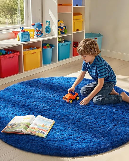 Ophanie Round Rug 7Ft Blue Circle Area Rug, Boys Room Decor, Fluffy Fuzzy Bedroom Carpet, Plush Soft Shaggy Living Room Rugs for Kids Home Decor Aesthetic, Nursery
