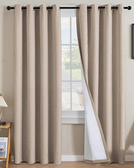 H.VERSAILTEX Linen Curtains 100% Blackout Curtains for Bedroom 108 inch Long Full Light Blocking Nature Linen Blended Window Curtains for Living Room Nickel Grommet (2 Panels, Heathered Sand)