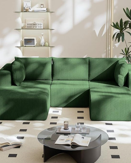 108" Boneless Couches for Living Room, Modular Cloud Couch Sofa - 4 Pieces U Shap Corduroy Sectional Sofa, Fluffy Memory Foam Sleeper Sofa Furniture, No Assembly, Wide Armrest, Green