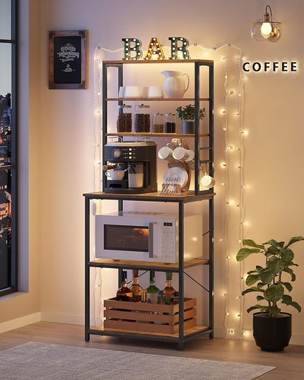 VASAGLE Coffee Bar, 23.6 Inches Baker's Rack for Kitchen with Storage, 6-Tier Kitchen Shelves with 6 Hooks, Microwave Stand, Industrial, Rustic Brown and Ink Black UKKS024B01