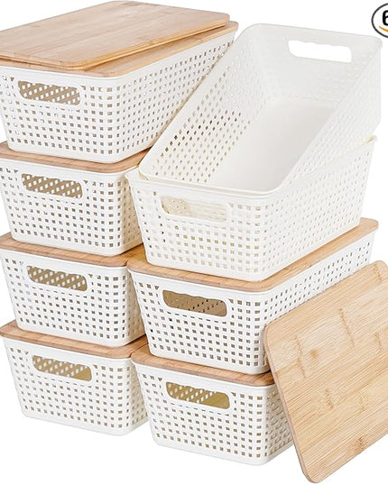 Storage Bins with Lids 8 Packs, Plastic Storage Bins with Bamboo Lids for Pantry Organization and Storage Containers for Shelves Drawers Desktop Closet Playroom Classroom Office Home, White