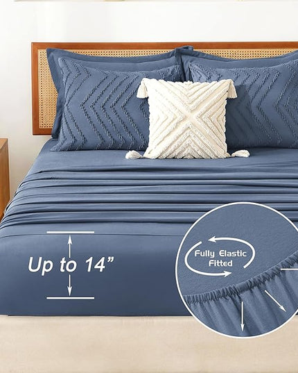 Litanika Twin Comforter Set with Sheets Ocean Blue - 5 Pieces Boho Tufted Shabby Chic Bed in a Bag, Fluffy Soft Farmhouse Bed Set for All Seasons
