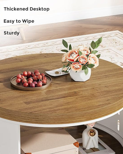 Round Coffee Table, 2-Tier Coffee Table with Open Storage Shelf, Wood Top and White Metal Frame, Modern Living Room Center Table, Light Brown