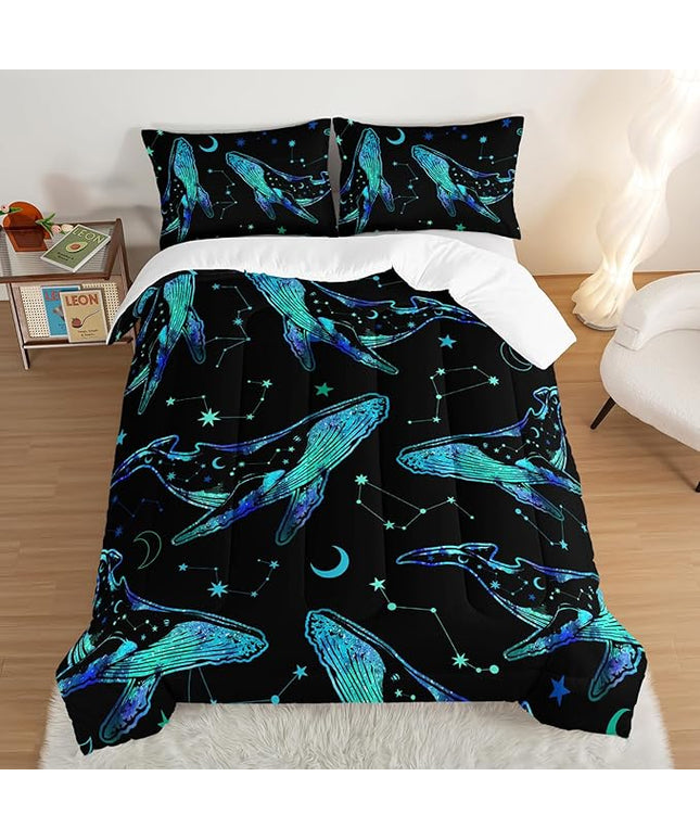 Whale Print Comforter Marine Life Bedding Set,Glowing Stars Moon Constellation Pattern Comforter Sets for Kids Boys Girls Room Decor,Cute Coastal Bedding Set Queen Size with 2 Pillowcases.
