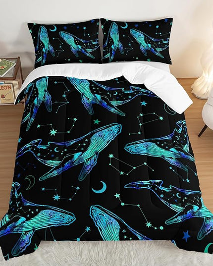 Whale Print Comforter Marine Life Bedding Set,Glowing Stars Moon Constellation Pattern Comforter Sets for Kids Boys Girls Room Decor,Cute Coastal Bedding Set Twin Size with 2 Pillowcases.