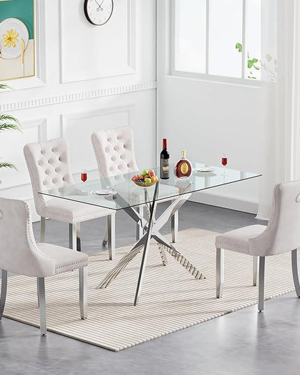 51" Glass Dining Table Set for 4, Modern Dining Room Table Set for 4, Silver X-Shape Pedestal Glass Table with 4pcs Beige Dining Chairs, 5 Piece Dining Set for Dining Living Room