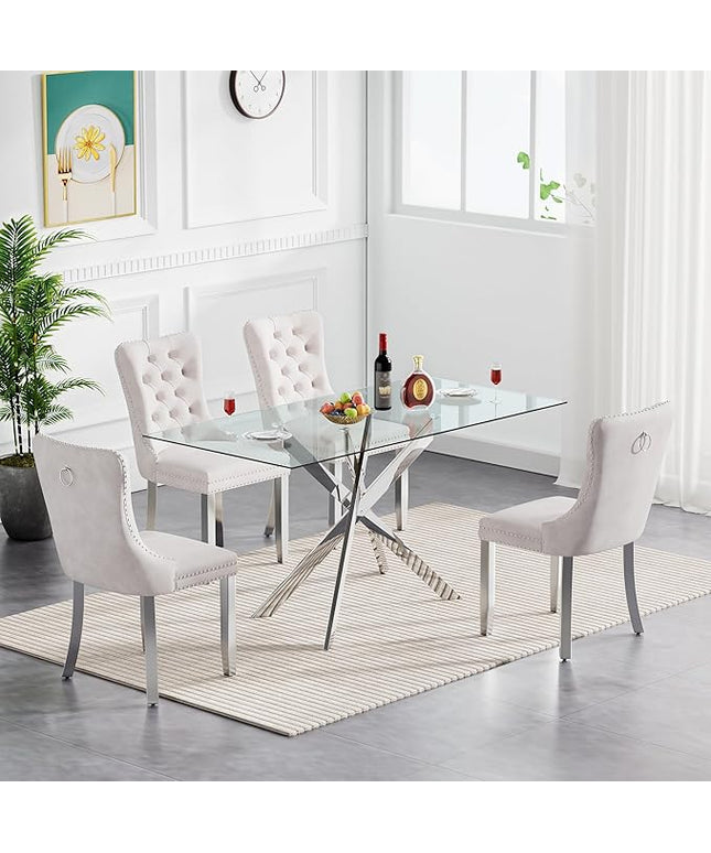 5 Piece Dining Table Set for 4, 51in Glass Dining Table Set with 4 Upholstered Dining Chairs, Beige Tufted Chair & Dining Room Table Set w/Silver Metal Legs, Glass Kitchen Table and Chair Set for 4