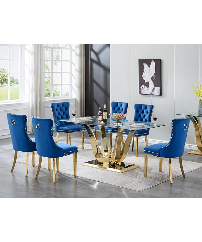 7-Piece Glass Dining Table Set w/6 Blue Upholstered Dining Chairs, 70in Rectangular Large Kitchen Table Set for 6, Glass and Gold Dining Table and Chair Set for 6
