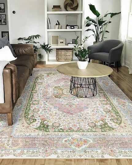 5x7 Area Rugs Washable,Pink Rug for Living Room Bedroom Kitchen,Large Boho Vintage Bohemian Distressed Carpet Non Slip,Blush Green