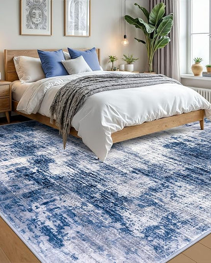 IOHOUZE Abstract Area Rugs 9x12 Ft Washable Large Rugs for Living Room, Non Slip Dining Room Rug, Printed Faux Wool Rugs for Bedroom, Floor Carpet for Office Nursery Playroom, Navy/Grey