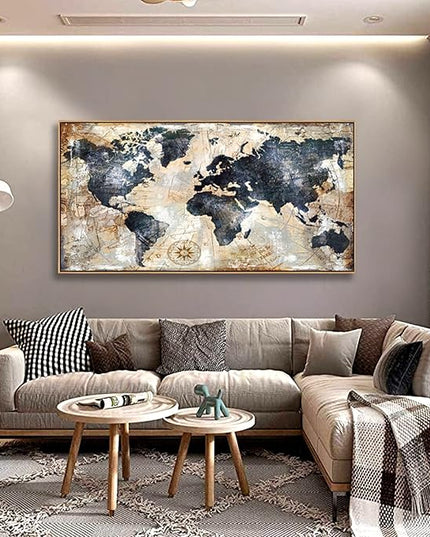 Tucai Decor Framed Wall Art World Map Wall Art Print Picture Decor Home Interior - Map Picture for Office Decor Travel Memory Nautical Map Canvas Artwork 20 x 40 inch Ready to Hang (Framed)