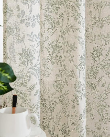 Lazzzy Linen Farmhouse Curtains for Living Room 84 Inch Length Floral Print Window Curtains Semi Sheer Drapes for Bedroom Country Light Filtering Curtain Grommet Top 2 Panels Green on Beige