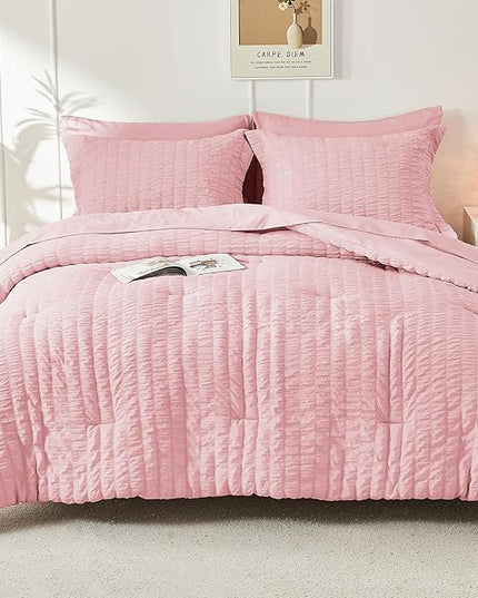 HYMOKEGE Pink Twin Comforter Set Seersucker 5 Pieces, All Season Luxury Bed in a Bag for Bedroom, Bedding Set with Comforters, Sheets, Pillowcase & Sham