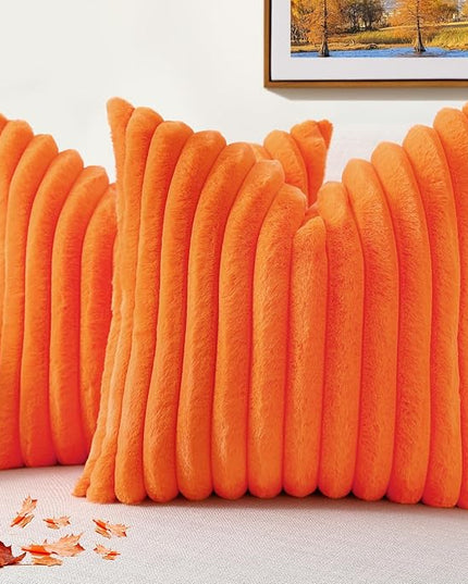 decorUhome Faux Fur Spring Throw Pillow Covers 18x18 Set of 2, Decorative Soft Plush Striped Neutral Couch Euro Pillow Covers with Velvet Back for Sofa, Bed, Living Room Home Decor, Orange