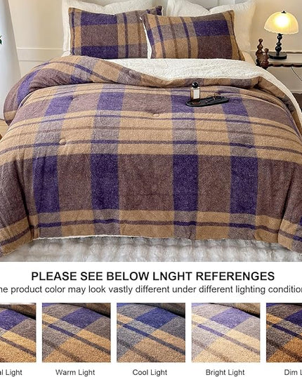 Cyusri Plaid Sherpa Comforter Set 2Pcs Fluffy Warm Fleece Down Alternative, Khaki Blue Grid Pattern Bedding Set with 1 Pillowcase, Twin Size 68"x90"