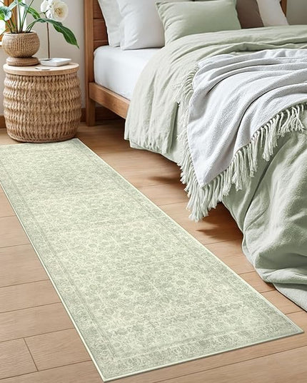 2x6 Washable Runner Rug for Hallways, Light Sage Green and Ivory Soft Neutral Vintage Kitchen Rugs with Non-Slip, Non-Shedding Distressed Floral Rug for Bedroom Kitchen Porch Laundry Entryway