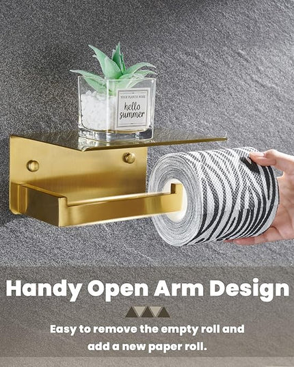 Toilet Paper Holder with Shelf, Suyar 304 Stainless Steel Wall Mount Toilet Paper Roll Holder with Phone Shelf, Brushed Gold