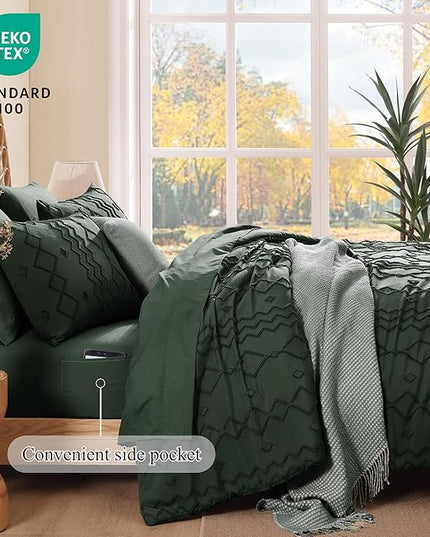 Queen Comforter Set Dark Green, Tufted Boho Bedding Farmhouse Bed Set, All Season 7 Pieces Bed in a Bag with Sheets, Pillowcases & Shams