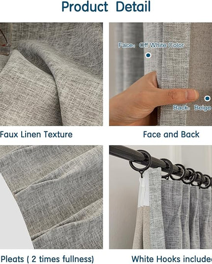 LETAU Pinch Pleats Grey Linen Texture Curtains 84 inches Long, 100% Blackout Privacy Window Linen Texture Curtains Panels Drapery, 84" W x 84" L, 2 Panels