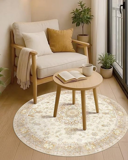Beige Round Rug 4ft,Circle Washable Area Rugs for Bedroom Bathroom Entryway Kitchen,Small Boho Vintage Bohemian Distressed Oriental Floral Carpet Non Slip,Retro Gold Floral