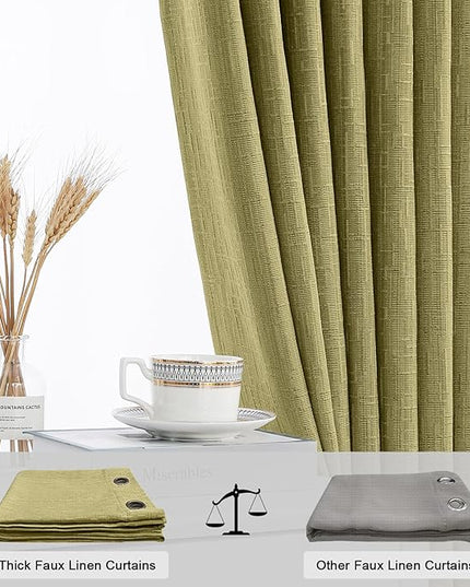 Jacquard Linen Curtains 63 inch Length 2 Panels Thick Faux Linen Blended Window Drapes Burlap Textured Curtains with Grommet for Living Room Bedroom Farmhouse (42x63 Olive Green) Natural