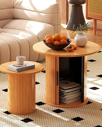 COSVALVE Nesting Coffee Table Set of 2 with Hidden Storage & Sliding Door, Circle Wood Coffee Table, Farmhouse Side & End Table Sets for Living Room, Small Spaces, Natural