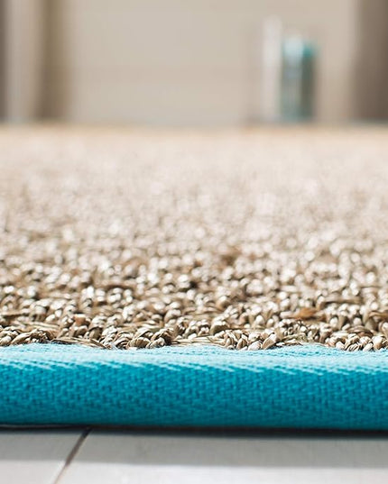 SAFAVIEH Area Rug 8x10 - Natural Fiber Collection - Large - Natural & Turquoise, Seagrass, Basketweave Pattern (NF114S)