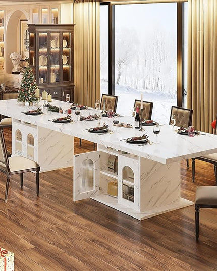 HSH Dining Table for 4–6, 63" Modern Kitchen Dining Room Table with Storage Shelves & Acrylic Door Cabinet,Wood Rectangle Dinner Table with Faux Marble Top for Home Apartment, White Faux Marble